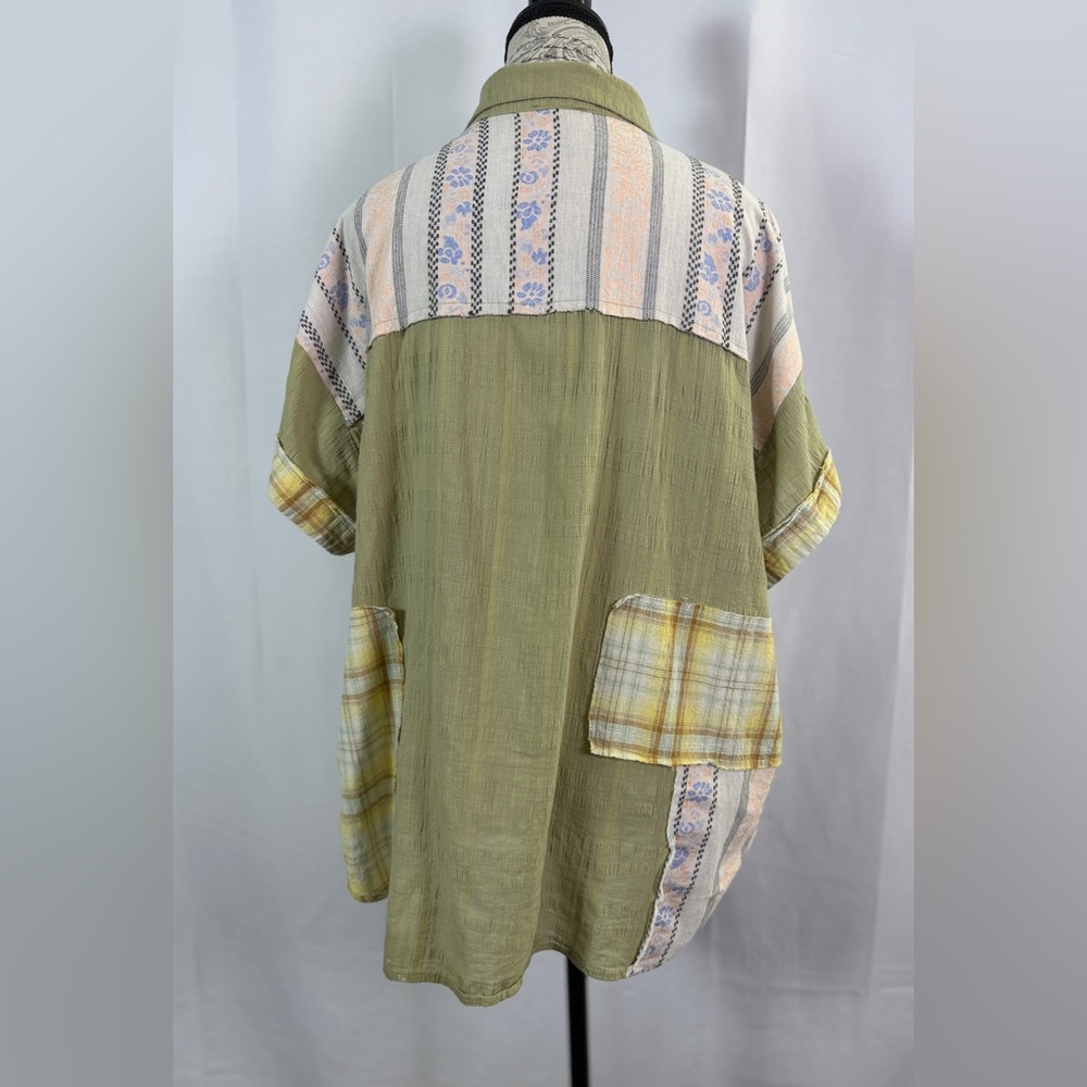 Patchwork Button-Down Shirt In Olive And Pastel P… - image 5